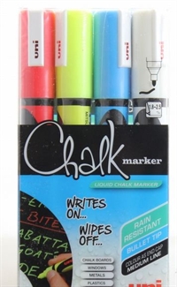 UNI marker Chalk 1,8mm/2,5mm, sæt med 4 farver, med rund spids